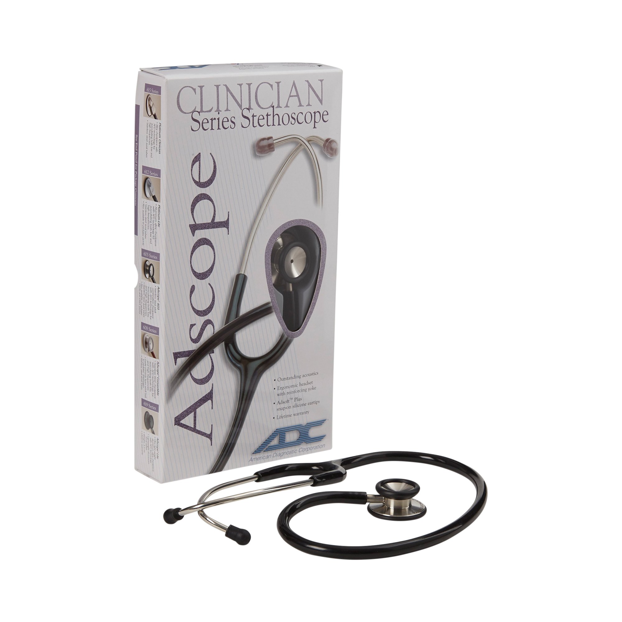 Stethoscope Acoustic Clinician Adscope® 603 Black 1-Tube 22 Inch Tube Double Sided Chestpiece by American Diagnostic Corporation  ID 603BK